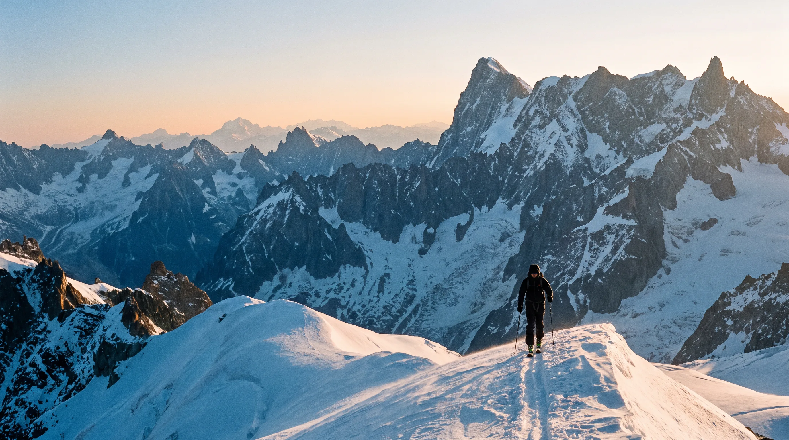 A lone ski tourer traversing a snow ridge at dawn, with glaciated peaks behind.